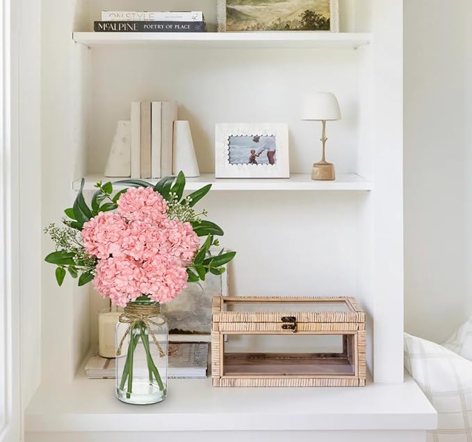 Hollyone Pink Hydrangea Artificial Flowers in Clear Glass Vase with Faux Water Silk Hydrangeas Fake Flowers Floral Arrangement for Home Bathroom Kitchen Office Table Centerpiece Shelf Decorations