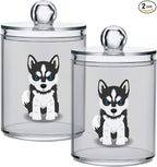 2 Pack Qtip Dispenser Apothecary Jars Dog Bathroom Organizer, Siberian Husky Puppy Qtip Holder Storage Canister Plastic Acrylic Jar for Cotton Ball/Swab/Rounds