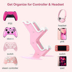 Controller Holder Pink, Game Controller Rack Headset Stand for Xbox Series X S/Xbox one / PS5 / PS4 / NS/PC/Headset, Aluminum Metal Headset Mount Universal Organizer for Video Game Accessories