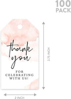 Andaz Press 100-Pack Thank You for Celebrating with Us Favor Tags Coral Brushed Watercolor Cardstock Gift Tags with Bakers Twine for Wedding Baby Shower Bridal Shower Party Favors 2 x 3.75-Inches