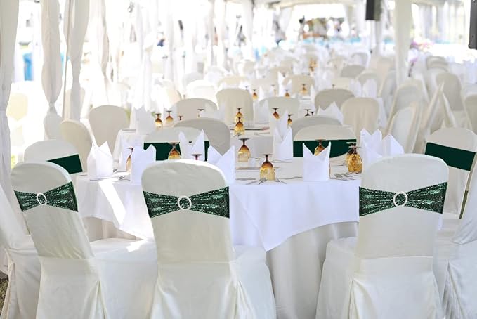 Chair Sashes Sequin Stretch Chair Bands Dark Green Spandex Polyester Bows for Party Hotel Wedding Banquets Decoration - 6 Pcs Hunter Emerald Green