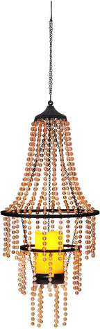 Battery Operated Hanging Chandelier Outdoor Indoor, 28” Modern Acrylic Crystal Hanging Beaded Lantern with Led Candle Light, Pendant Lights Decor for a Gazebo, Garden, Backyard, Patio, Balcony, Porch