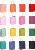 qiqee 32 Pcs Mini Paper Gift Bags with Handles 6"x4.5"x2.5" Small Brown Kraft Party Favor Bags 16 Different Senior Color Rainbow Treat Bags Multiple Uses (Mini size)