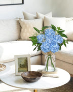 Hollyone Blue Hydrangea Artificial Flowers in Clear Glass Vase with Faux Water Silk Hydrangeas Fake Flowers Floral Arrangement for Home Bathroom Kitchen Office Table Centerpiece Shelf Decorations