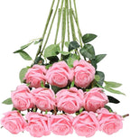 Tifuly Pink Roses Artificial Flowers - 12 pcs Realistic Single Long Stem Fake Silk Roses Bouquet for Party Home Wedding Centerpiece Office DIY Decor