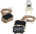 Wooden Mini Hanging Chalkboard Signs for Beverages Dispenser, Price Message Chalkboard Tags with String, Double-Sided Little Labels for Party Event Decorations, Table Numbers, 3.5x2.5, 24 Pack