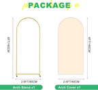 Metal Arch Backdrop Stand and Cover Set, 6FT Beige Reusable Spandex Fitted Backdrop Cover and Gold Wedding Arch Frame for Baby Shower, Birthday, Parties Decoration.