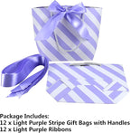 HUAPRINT Gift Bags with Handles,7.48×3.54×7.9 inches,Party Favor Bags with Bow Ribbon,12Pcs White and Light Purple Stripe Paper Bags for Birthday Wedding Bridesmaid Present Celebration Holiday