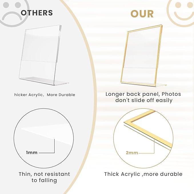 Acrylic Gold Frames 5 x7, Slanted Back Gold Picture Frames Table Acrylic Sign Holder for Photos Wedding Table Numbers and Art Display with Removable Clear Sticky Dots,3 Pack
