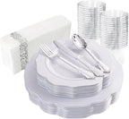 NOCCUR 175pcs Silver Plastic Plates - Silver Rim Plastic Tableware Include 25 Dinner/Dessert Plates, 25 Forks, 25 Knives, 25 Spoons for Wedding/Party/Christmas