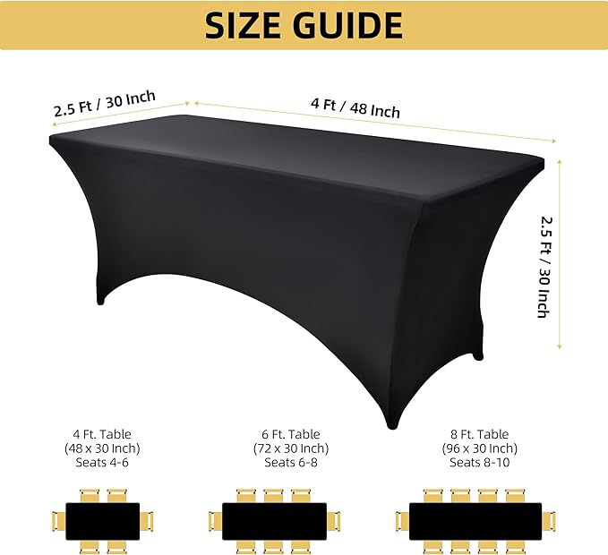 6-Pack 4ft Spandex Black Table Covers for Rectangular Folding Tables - Wrinkle Resistant Stretch Tight Table Cloths - Ultimate Fitted Table Protector for Parties, Trade Shows, and Wedding