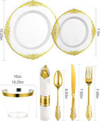 Goodluck 350 Piece Clear Gold Plastic Dinnerware Set for 50 Guests, Fancy Disposable Plates, Include: 100 Gold Rim Plastic Plates, 150 Silverwares, 50 Pre Rolled Napkins, 50 Cups for Party, Wedding