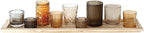 Wood Tray with 9 Brown Glass Votive Holders (Set of 10 Pieces)