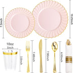 YOUBET 350PCS Pink Scalloped Plastic Plates - Pink and Gold Disposable Dinnerware Set Include 100 Plates, 150 Gold Silverware, 50 Cups, 50 Napkins for Wedding & Party