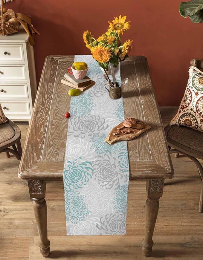 Auqa Chrysanthemum Cotton Linen Table Runner for Dining Kitchen, Wedding Outdoor Party Tablerunners Decoration, Farmhouse Floral Botanical Leaves Dresser Scarf Coffee Tablecloth Runners 13x48 Inches