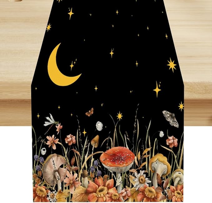 Mushroom Kitchen Table Runner, Gothic Moon Star Plants Witchy Moonlit Flower Butterfly Table Runner for Kitchen Party Living Room Drapes, 13x108 Inch Black