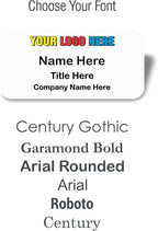 Custom Name Tag with Logo - Personalized Name Badge with Magnet Backing - Choose Your Size and Color (White Metal 3"x1.5" - Logo on Top)
