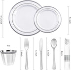 BESTVIP 700PCS Silver Plastic Dinnerware Set for 100 Guests, Disposable Plates for Party, Include: 200 Plastic Plates, 100 Pre Rolled Napkins with Silver Silverware, 100 Cups for Christmas, Halloween