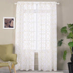 Sheer Curtains Gold 95 Inches Long, Rod Pocket Drapes for Living room, Bedroom, Embroidered Moroccan Tile Lattice Design Semi Crinkle Voile Curtain Panels for Patio, Villa, Parlor, Set of 2, 52"x95".