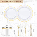 BESTVIP 300PCS Plastic Dinnerware Set (50 Guests), Gold Disposable Plates for Party, Wedding, Christmas, Anniversary, Includes: Dinner Plates, Dessert Plates, Cups, Spoons, Forks and Knives