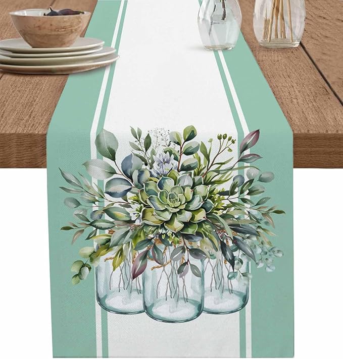 Eucalyptus Cotton Linen Table Runner for Dining Kitchen, Wedding Outdoor Party Tablerunners Decoration, Green Leaves Botanical Plants Watercolor Dresser Scarf Coffee Tablecloth Runners 13x90 Inches