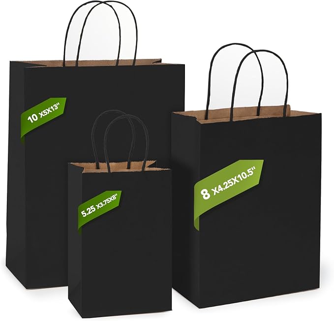 MESHA Kraft Gift Bags 200 Pack 5.25x3.75x8 Inch Small Black Paper Bags with Handles Bulk for Small Business,Birthday,Party,Wedding,Retial,Shopping Bag