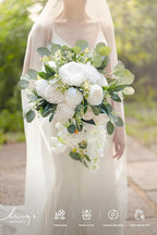 Ling's moment White Bridal Bouquet Cascading, White Wedding Bouquets for Bride, 13 Inch Ivory Bride Bouquets for Wedding Artificial Flowers Bouquets