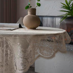 Vintage 60 inch Beige Lace Tablecloth Floral Embroidered Boho Shabby Chic Small Table Cover for Wedding Halloween Party Dinning Holiday, 1 Piece