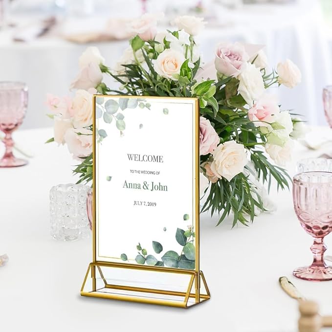24 Pack Gold Acrylic Sign Holder, Picture Frames Wedding Double Sided Display Clear Sign Holders Stand Desktop Table Menu for Wedding Party Restaurant (4×6)