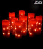 danip red flameless Candle, Built-in Star Cluster, 9 LED Candles, 11 Button Remote Control, 24-Hour Cycle Timer, Flashing Flame, Real Wax, Battery Powered. (Starry Sky Series)