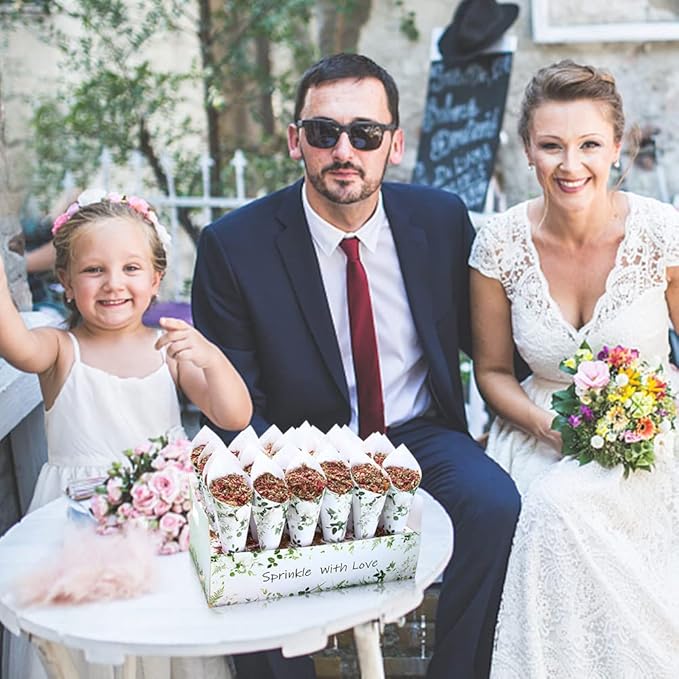 30 Pieces biodegradable confetti Cones and Stand Tray Paper Cone Box 30 Holes Suitable Placing Dried Flower Petals Confetti for Wedding, Engagement, Party, Birthday (Green)