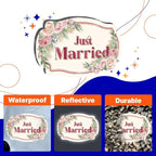 GEEKBEAR Just Got Married Car Magnet (2 Pack) - 13 x 8.7 in (Pink Ribbon)