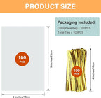 ZHEWTOEN 100 Pcs 6x9 Inch Clear Cellophane Bags with Color Twist Ties, Plastic Goodie Cello Treat Bags for Candy, Cookies, Popcorn, Small Gift Wrapping, Party Favors, Bakery Packaging