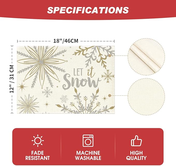 Artoid Mode Beige Snowflake Let It Snow Winter Placemats Set of 2, 12x18 Inch Seasonal Christmas Table Mats for Party Kitchen Dining Decoration