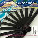 13" Large Rave Fan Bamboo, Folding Clack Hand Fans Foldable for Men Women, Boots on the Ground Poping Fan for EDM Festival Line Dance Decoration, (Rainbow, Large 13")