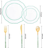 Liacere 150PCS Clear and Green Plastic Plates - Disposable Plates with Glitter Bamboo Handle Cutlery - 60 Baroque Elegant Plates,30Forks,30Spoons,30Knives for St. Patrick's Party