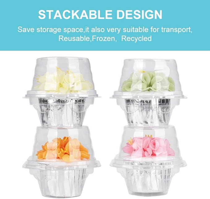 50 Pcs Cupcake Boxes Plastic Individual Cupcake Containers Single Cupcake Carrier with Connected Airtight Dome Lid for Party