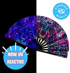 Kandies World UV Reactive Custom Festival Folding Hand Fan - Unique Designs, Made of Bamboo, Clacking Sound, Lightweight - Perfect Rave and Festival Accessory!