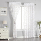 VISIONTEX White Sheer Voile Curtains, Decorative Orange Leaves Embroidery Faux Linen Rod Pocket Window Drapes for Home Kitchen, Living Room and Bedroom 54 x 108 Inch, Set of 2 Curtain Panels