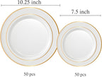 Neatiffy100 Pcs Gold Rim Plastic Dinnerware Set (50 Guest) | 50 x (Dinner Plate, Dessert Plate) | For Wedding, Luxurious Party, Special Event