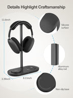 TopMade 5 in 1 Headphone Stand for Desk with Wireless Charger & USB Charging for iPhone/AirPods/iWatch, Universal Desktop Gaming Headset Holder for Airpods Max, Bose, Beats, Razer and More, Black