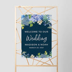 Andaz Press Personalized Extra Large Wedding Easel Board Party Sign, 12x18-inch, Baby Blue Hydrangea Floral Flowers on Navy Blue, Welcome to Our Wedding Bride Groom Name Date, 1-Pack, Custom