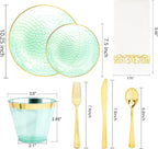 Rubtlamp 175 Pcs Green Plastic Plates Dinnerware Set (25 Guests), Hammered Plates Sets, Green Plastic Party Plates Set include 50 Disposable Plates Set, 75 Gold Plastic Silverware, 25 Cups 25 Napkins