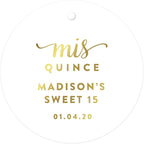 Andaz Press Personalized Round Circle Birthday Gift Tags, Metallic Gold Ink, Sweet 15 Birthday, Mis Quince Quinceanera, 24-Pack, Custom Made Name, Gold Party Supplies