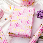 Yarcony Girl Birthday Wrapping Paper Roll, Pink and Gold Wrapping Paper, Gold Foil Girly Happy Birthday Lettering Design Pink Gift Wrap for Girls Women, Baby Shower, Christmas(17 Inch X 33 Feet)
