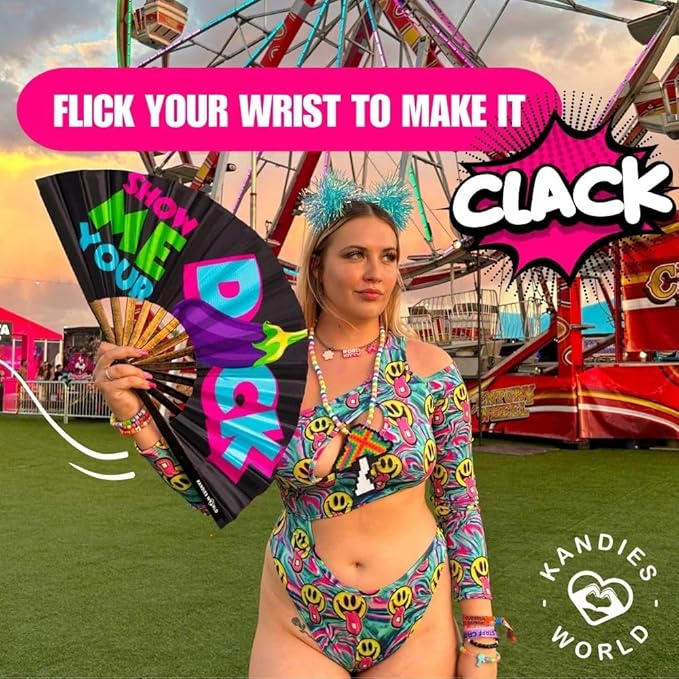 Kandies World UV Reactive Custom Festival Folding Hand Fan - Unique Designs, Made of Bamboo, Clacking Sound, Lightweight - Perfect Rave and Festival Accessory!