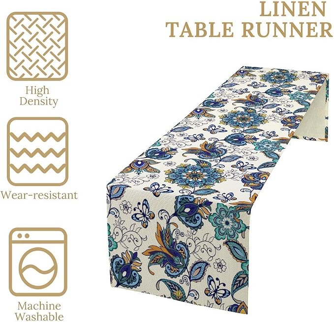 Oriental Paisley Table Runner, Luxury Vintage Blue Teal Floral Butterflies Print Table Runner for Home Dining Kitchen Coffee Table Party Decor, 13x90inch
