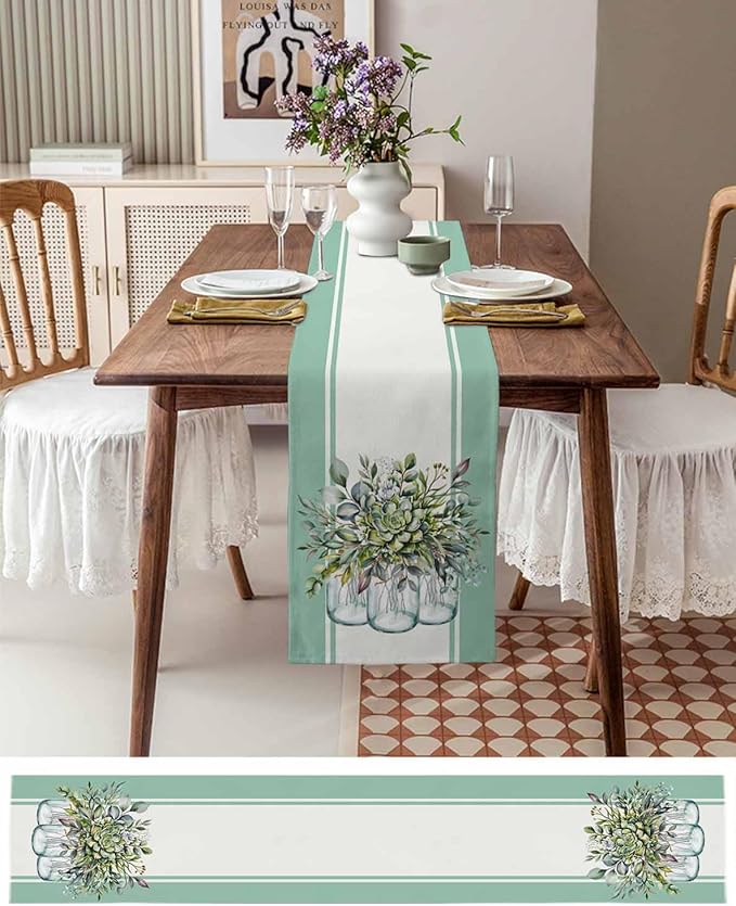 Eucalyptus Cotton Linen Table Runner for Dining Kitchen, Wedding Outdoor Party Tablerunners Decoration, Green Leaves Botanical Plants Watercolor Dresser Scarf Coffee Tablecloth Runners 13x120 Inches