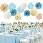 Dusty-Blue Champagne Party-Decorations Paper-Flowers Lanterns - 15pc Boho Beige Gold Tissue Pom Poms Streamers,Birthday Bachelorette Bridal Baby Shower Engagement Wedding Graduations Decor Panduola