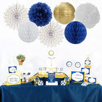 Navy-Blue White Gold Party Decorations - 14pcs Kits Paper Lanterns Fan,Tissue Flower Pom Poms Streamers,Honeycomb Balls,Graduation 2025 Men Birthday Wedding Baby Bridal Shower Decor Lasting Surprise